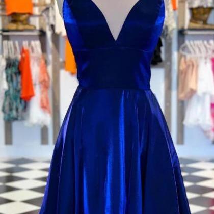 Simple V Neck Blue Short Prom Dress