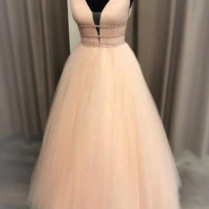 Simple V Neck Tulle Long Prom Dress, Formal Dress