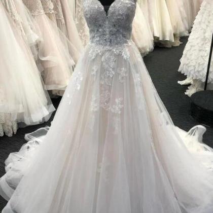 Straps Tulle Lace Long Wedding Dress