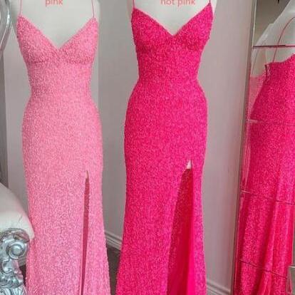 Flattering Pink Long Sequin Party Prom Dresses