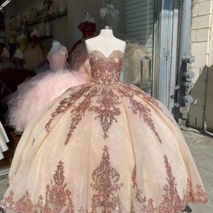 Sparkly Rose Gold Sequin Quinceanera Prom Dresses