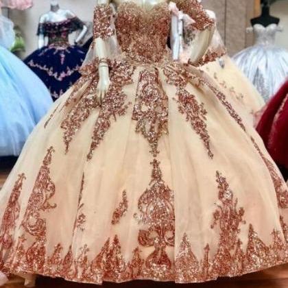 Sparkly Rose Gold Sequin Quinceanera Prom Dresses