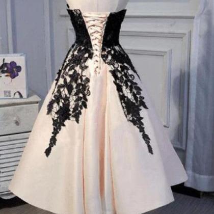 A Line Tea Length Light Pink And Black Lace Prom..