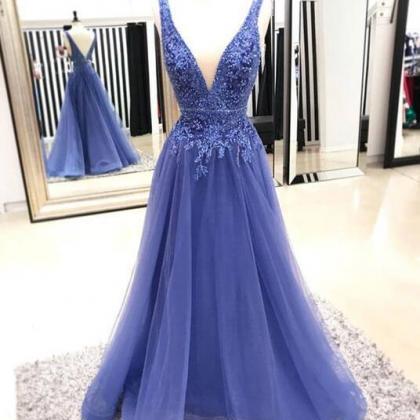 A-line Blue Curved Plunging V-neck Beaded Tulle..