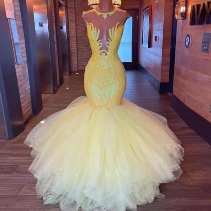 Sparkly Yellow Mermaid Sequined Sleeveless Prom..