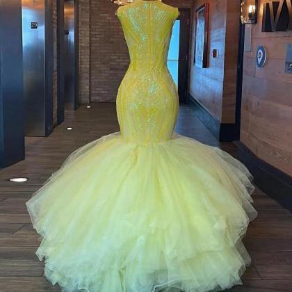 Sparkly Yellow Mermaid Sequined Sleeveless Prom..