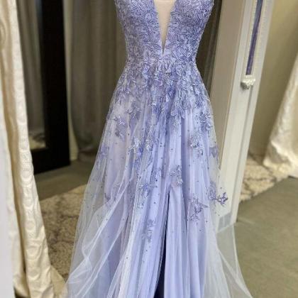 A-line Floral Lace Plunge V Prom Dress With Slit