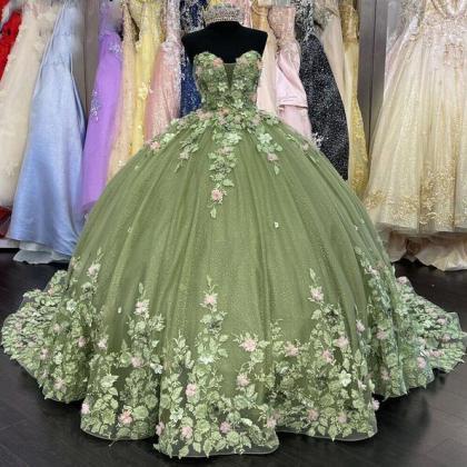 Sweetheart Ball Gown Tulle Long Green Prom Dress..
