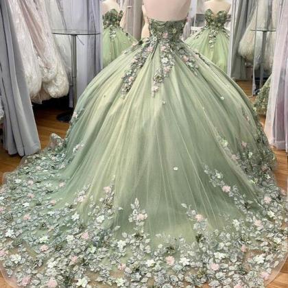 Sweetheart Ball Gown Tulle Long Green Prom Dress..