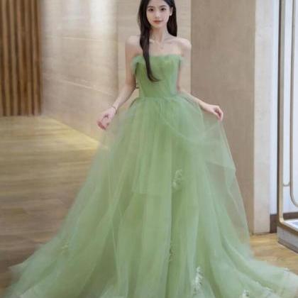 Mermaid Green A Line Tulle Long Prom Dresses..