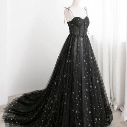 A Line Black Sweetheart Neck Tulle Long Prom..