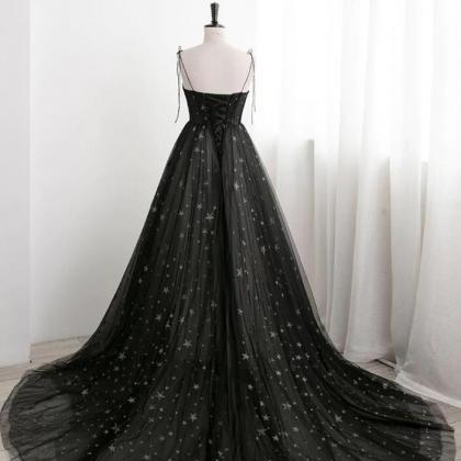 A Line Black Sweetheart Neck Tulle Long Prom..
