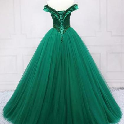 Off Shoulder Green Tulle Beads Long Prom Dresses