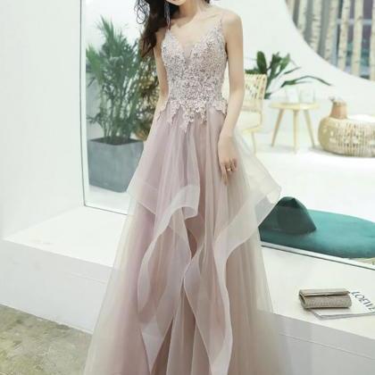 A-line V Neck Pink Long Prom Dress With Lace