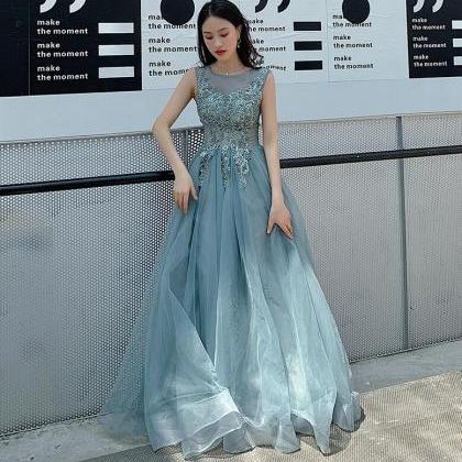 Floor Length Blue Tulle Lace Long Prom Dress,..