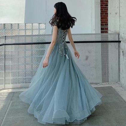 Floor Length Blue Tulle Lace Long Prom Dress,..