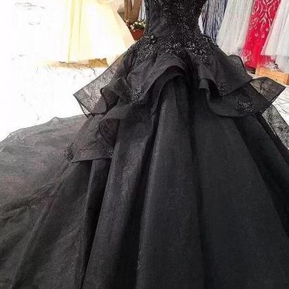Cap Sleeves Ball Gown Black Long Party Dresses..