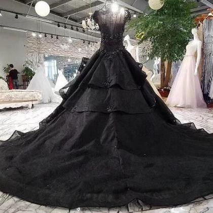 Cap Sleeves Ball Gown Black Long Party Dresses..
