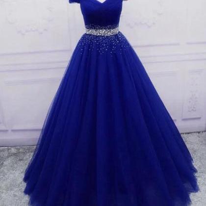 Royal Blue Glitter Tulle Off-the-Shoulder A-Line Prom Gown