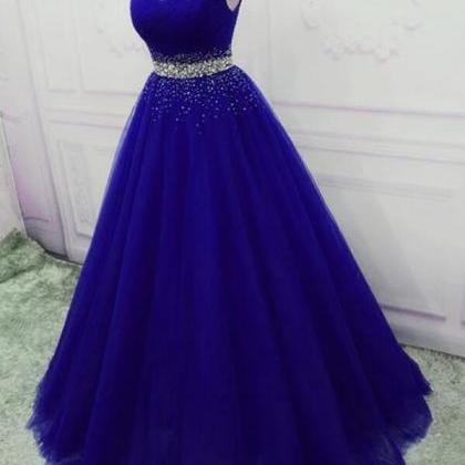 Elegant A Line Royal Blue Tulle Sequins Prom..