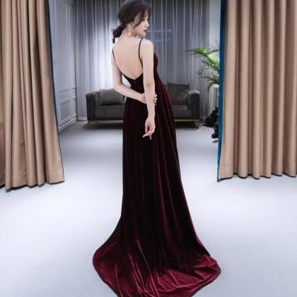 Beautiful Straps V-neckline Wine Red Velvet Prom..