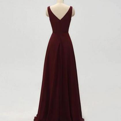 Simple A-line V-neck Burgundy Chiffon Prom Dresses