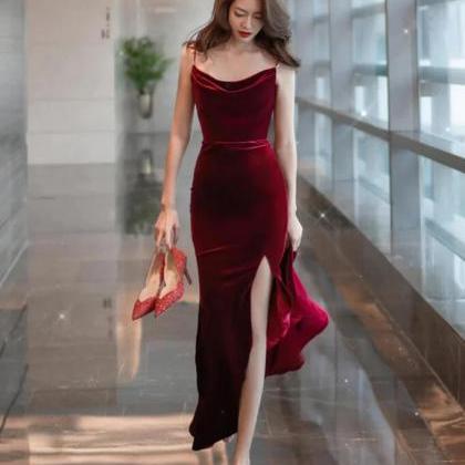 Sexy Burgundy Velvet Slit Long Evening Dress