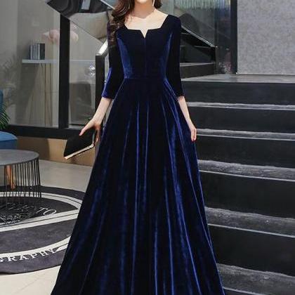 A-line Simple Navy Blue Velvet Long Style Prom..