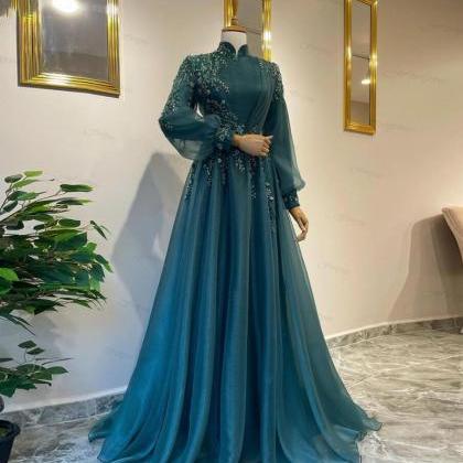 Elegant Teal Long Sleeve Muslim Formal Dresses..