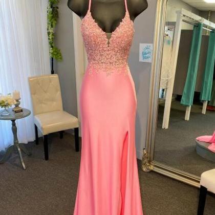 Sexy Coral Straps Appliques Plunging V Neck Long..