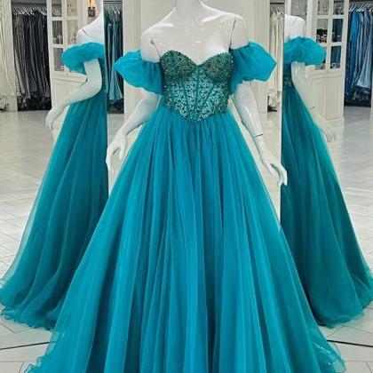 A-line Off-the-shoulder Beaded Tulle Long Prom..