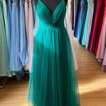 A-line Hunter Green V-Neck Satin Long Prom Dress main image 1