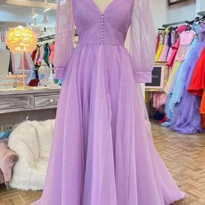 Lavender Tulle V Neck Illusion Neck Long Prom..