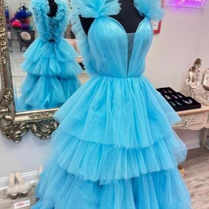A Line Blue Tulle Ruffles Multi-layers Plunging V..