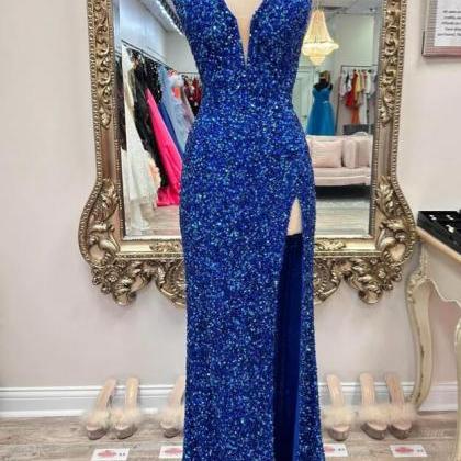 Deep V Neck Royal Blue Sequins Lace-up Long Prom..
