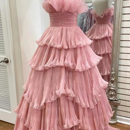 Strapless Candy Pink Tulle A-line Ruffles Layers..