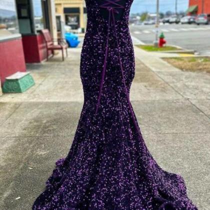 Off-the-shoulder Lace-up Purple Sequin Long Prom..