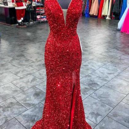 Mermaid Red Sequin Plunge V Backless Long Prom..