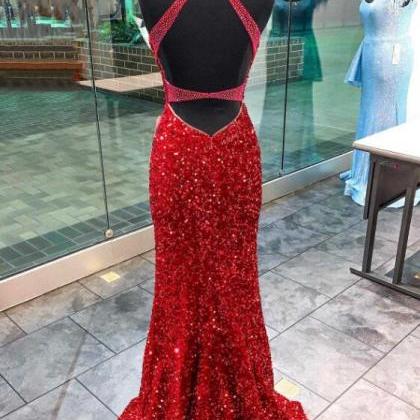 Mermaid Red Sequin Plunge V Backless Long Prom..
