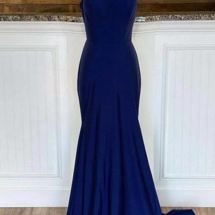 Simple Mermaid Navy Blue Long Formal Prom Dress