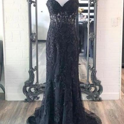 Elegant Mermaid Sweetheart Black Lace Long Sleeves Prom Dress Birthday Outfits C3537 main image 1