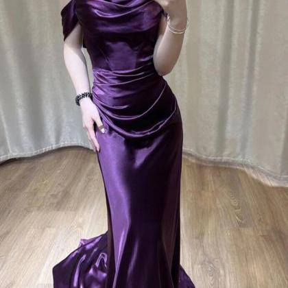 Off Shoulder Purple Satin Long Evening Dress