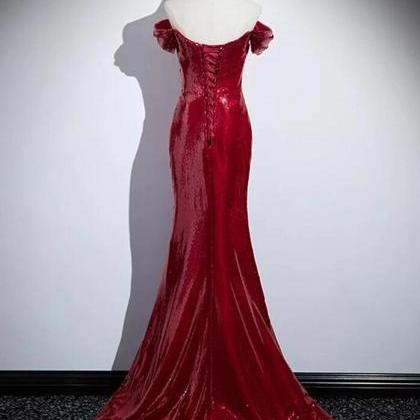 Glamorous Off-the-Shoulder Red Prom Dress Sequins Mermaid Evening Dress C8309