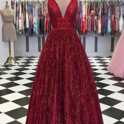 Stunning Floor Length Red V Neck Sleeveless Prom..