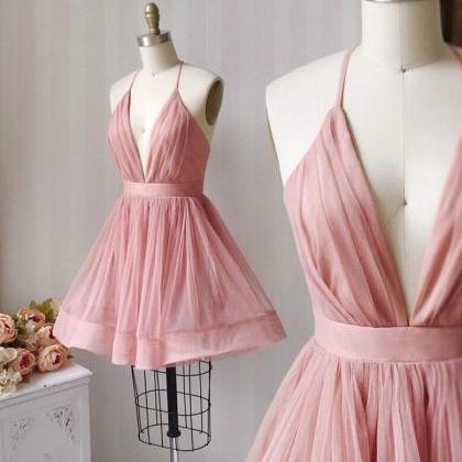 Cute Pink V Neck Tulle Short Prom Dresses