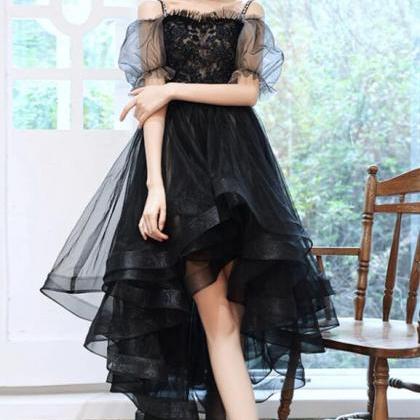 Off Shoulder Black High Low Prom Dress With Lace
