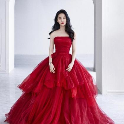 Princess Strapless Red Tulle Prom Dresses