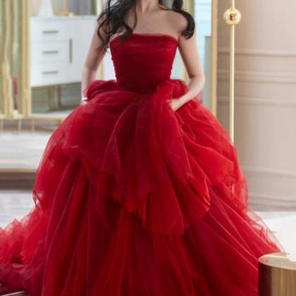 Princess Strapless Red Tulle Prom Dresses