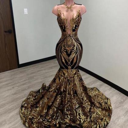 Mermaid Black And Gold Evening Dresses Prom..