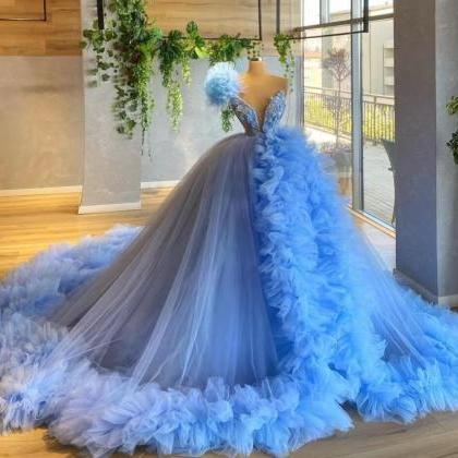 Elegant Sky Blue Tulle Prom Dresses